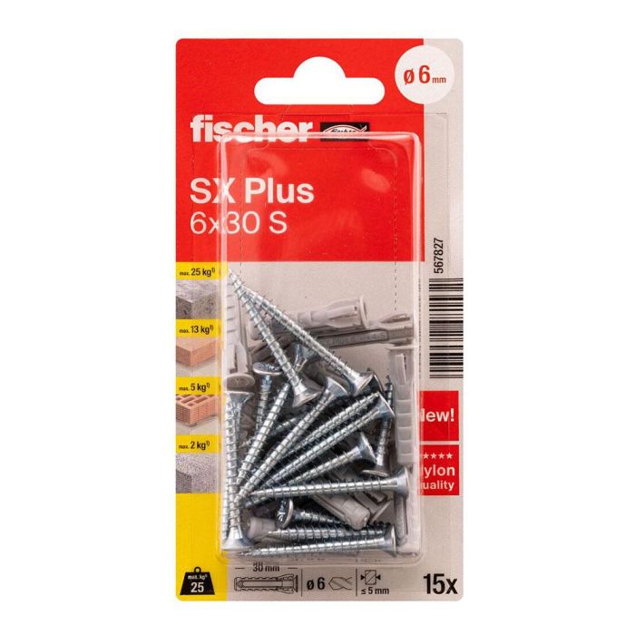 Fischer SX Plus SK NV Tacos Nylon Expansión con Reborde ø6x30mm y Tornillos PZ2 ø4.5x40mm - Blister 15 Unidades 0 Fischer SX Plus SK NV Tacos Nylon Expansión con Reborde ø6x30mm y Tornillos PZ2 ø4.5x40mm - Blister 15 Unidades 0