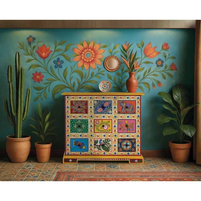 GINER Y COLOMER Mueble Auxiliar con 9 Cajones Pintados a Mano Multicolor en Madera de Mango 5 GINER Y COLOMER Mueble Auxiliar con 9 Cajones Pintados a Mano Multicolor en Madera de Mango 5