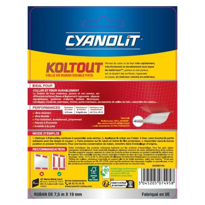 Cyanolit Cinta Koltout XL CYA3045205074958 Cinta Adhesiva de Doble Cara Alta Adherencia Discreta y Duradera 7,5 m x 19 mm 2