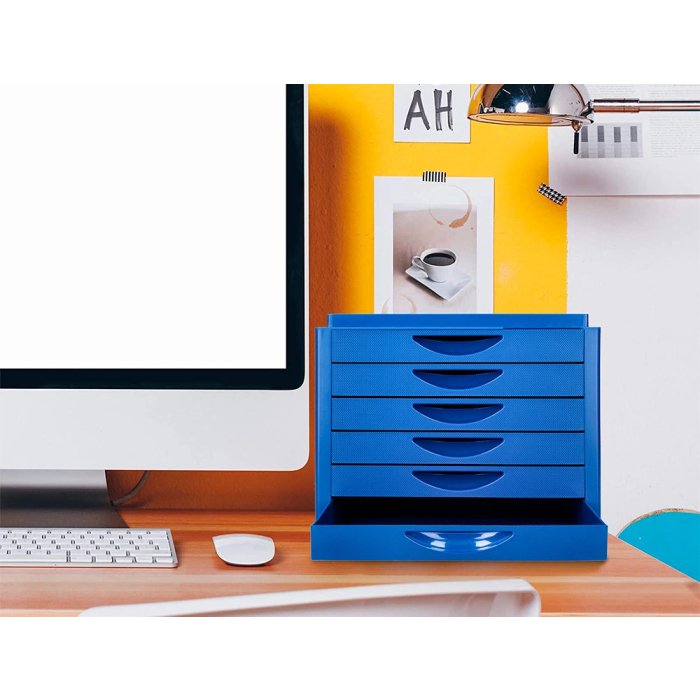 Q-connect Fichero Cajones Sobremesa 6 Cajones Organizador Azul Opaco para DIN A4 Folio Subcarpetas 7