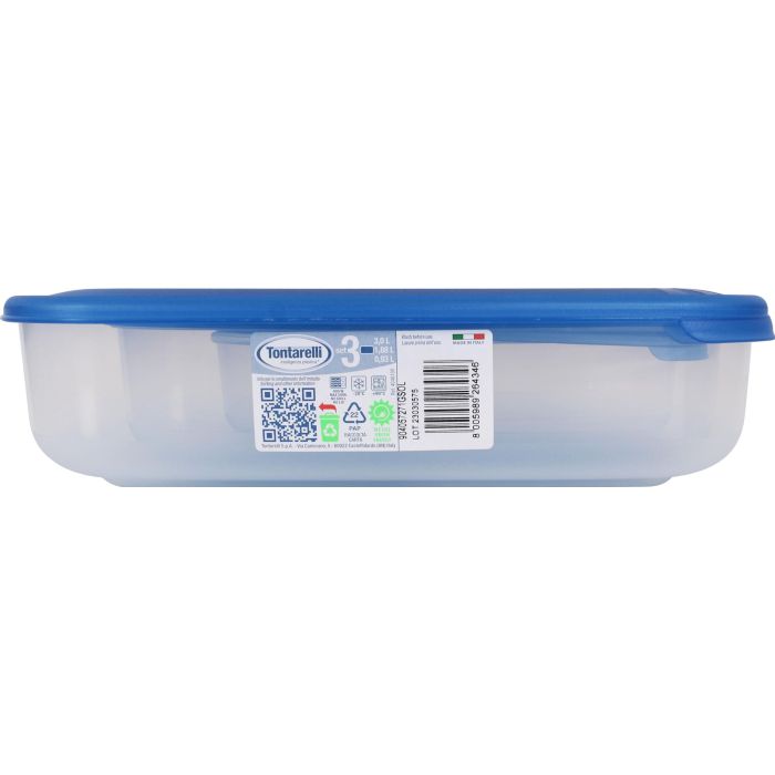 Tontarelli Set 3 Fiambreras Rectangulares 1L, 2L, 3L con Tapa Azul | 29.6x19.8x7.7 cm (20 Cajas)