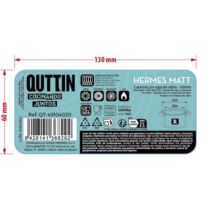 Inde Cacerola 20 cm (3L) Acero Inoxidable con Tapa, Modelo Hermes Matt, 21.5 x 11.4 cm (4 Unidades)