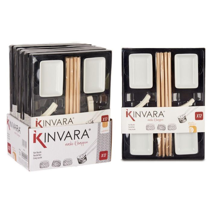 Kinvara Set Sushi Blanco 12 Piezas Porcelana y Bambú 27.5x20.5x2.5 cm (Set de 12)