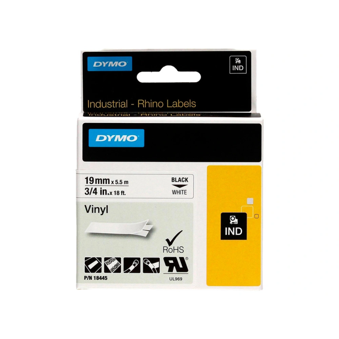 Dymo S0718620 Cinta de Etiquetas Industrial Adhesiva Id1-19, Negro Sobre Blanco, 19 mm x 5.5 M, Vinilo 1