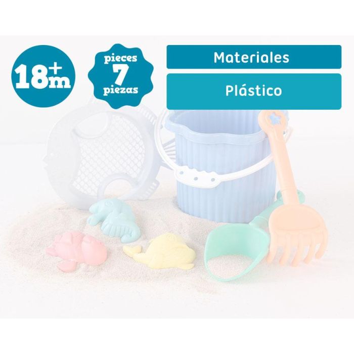 KioKids Set De Cubo De Playa Azul Para Bebés Con 7 Piezas En Polipropileno Y Trigo