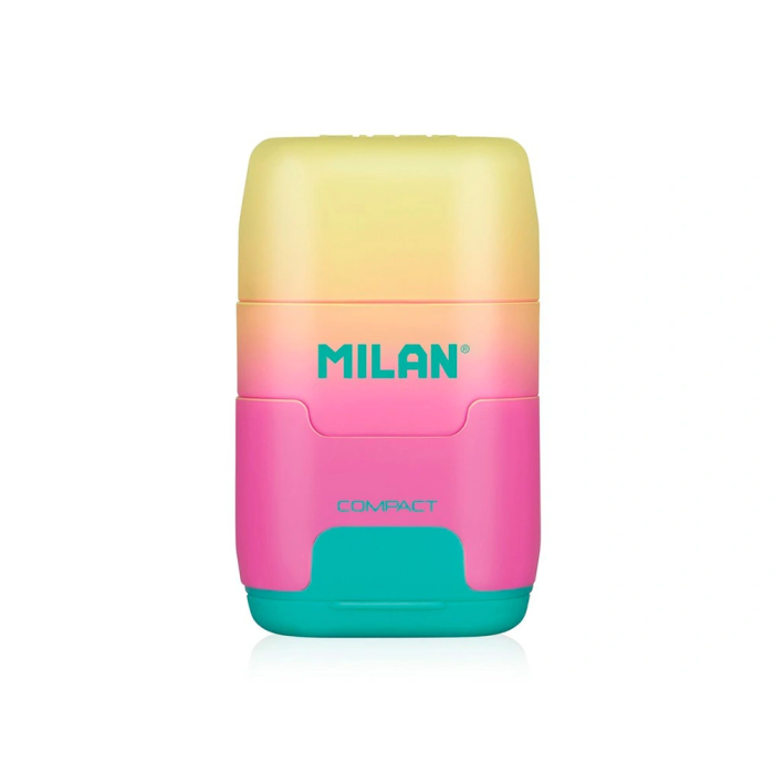Milan Sacapuntas Compact Sunset Plástico 2 Usos con Goma de Borrar y Depósito Colores Surtidos 1 Milan Sacapuntas Compact Sunset Plástico 2 Usos con Goma de Borrar y Depósito Colores Surtidos 1