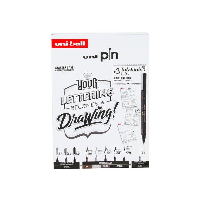 Uniball Set de iniciación Lettering: 8 rotuladores calibrados PIN negros + Portaminas Shalaku S, ideal dibujo y caligrafía