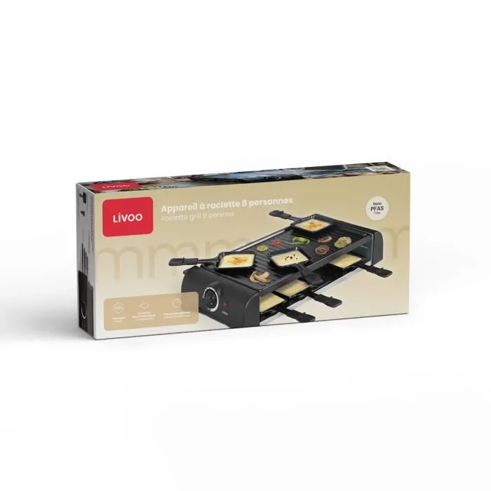 Livoo Raclette para 8 personas DOC312 1300W con Bandeja Grill Antihaderente Extraíble y Termostato Regulable