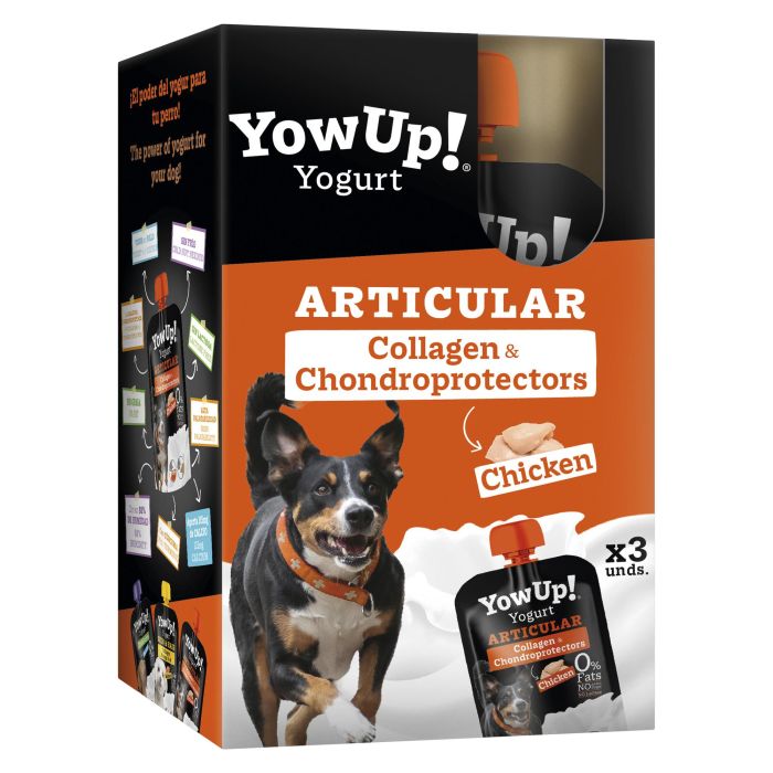 Yow Up! Yogur Articular Perro con Glucosamina, Condroitina, Colágeno y Cúrcuma Sabor Pollo 115 gr - Pack 3 Unidades
