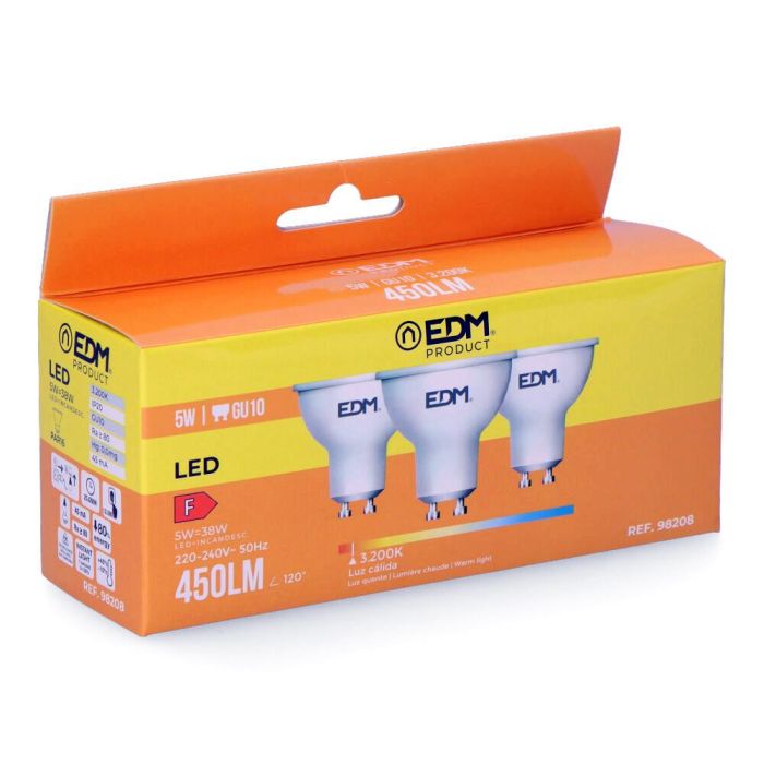 Edm Kit 3 Bombillas Dicroicas LED GU10 5W 450LM 3200K Luz Cálida 2
