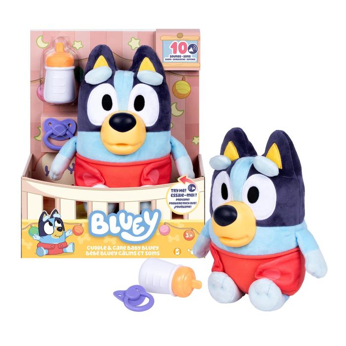 Moose 18967 Peluche Bluey Abrazos y Cuidado Baby Bluey 28cm con Pañal Biberón Chupete y 10 Sonidos para Niños +3 Años