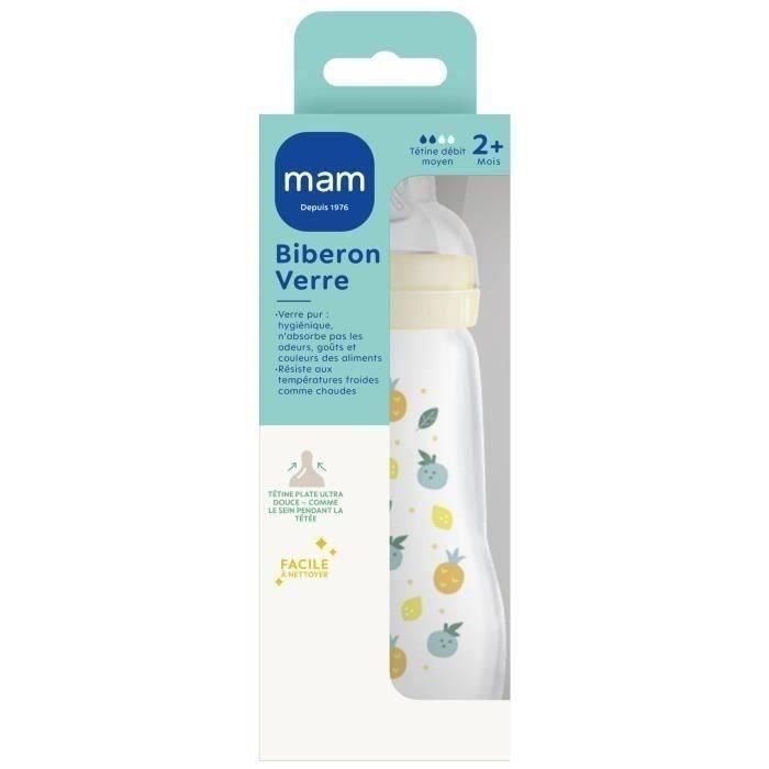 MAM Flow Teat 2 Biberón de Vidrio Premium 260 ml 0-6 Meses Blanco con Tetina Ultra Suave y Cuello Ancho Resistente al Calor 2