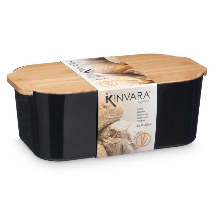 Kinvara Panera Negra con Tapa de Bambú 4,5L - 33x12x18 cm, Plástico PP y Bambú (Set de 6) 2