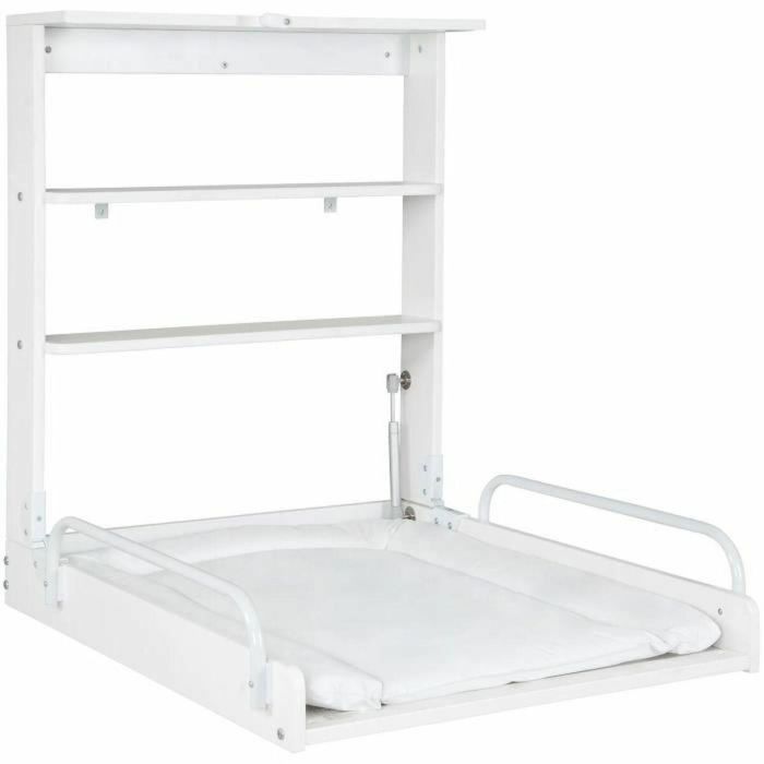 Roba Cambiador Plegable de Pared con Colchón Impermeable, 2 Estantes Integrados, Madera Lacada en Blanco