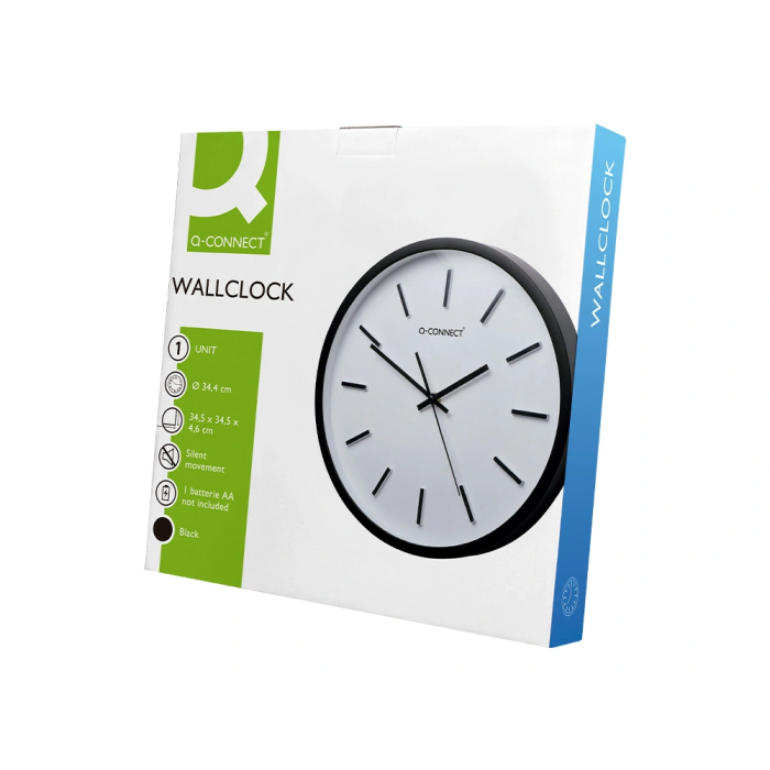Q-connect Reloj de Pared Redondo de Plástico Negro 34,4 cm Movimiento Silencioso 8