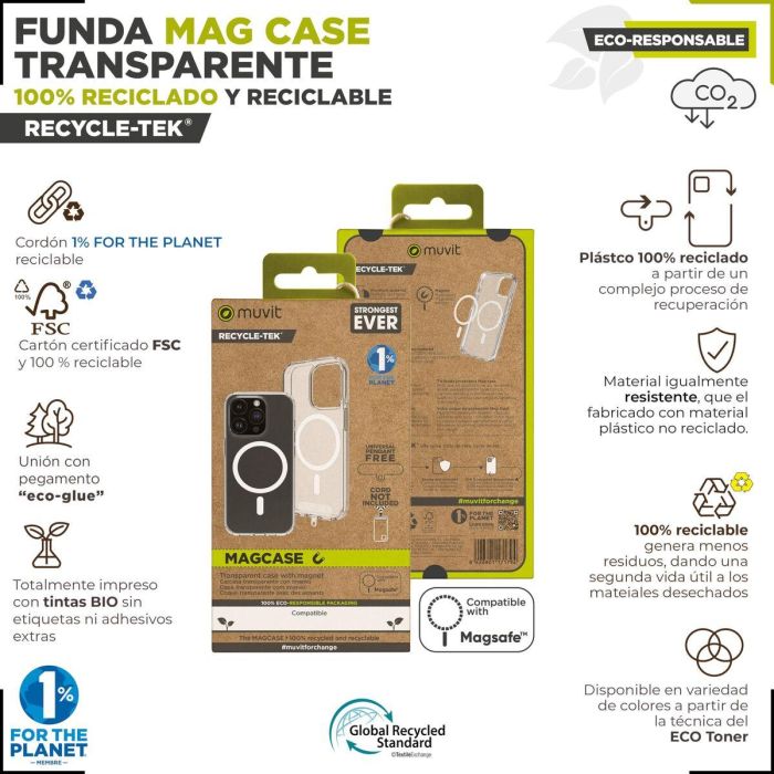 Muvit Funda Recycletek Magsafe para iPhone 15 - Material Reciclado y Reciclable, Protección Ecológica 6