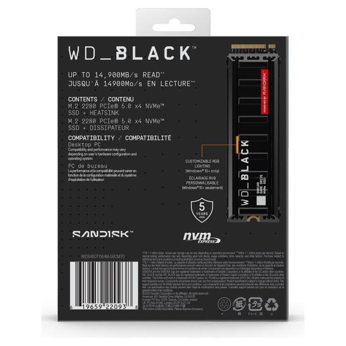 WD WD_BLACK SN8100 NVMe SSD 4TB M.2 2280 PCIe 5.0 con Disipador - Hasta 14900 MB/s - TLC 3D NAND 7 WD WD_BLACK SN8100 NVMe SSD 4TB M.2 2280 PCIe 5.0 con Disipador - Hasta 14900 MB/s - TLC 3D NAND 7