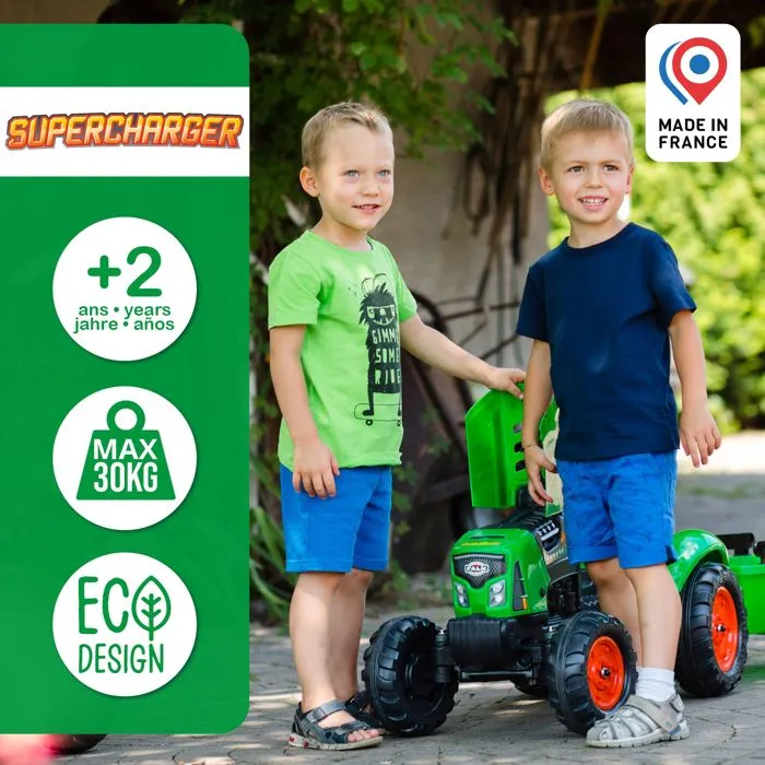 FALK Tractor de pedal Supercharger rojo con capó de apertura y remolque para niños de 2 a 5 años 3