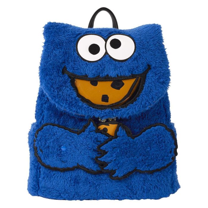 Loungefly Mochila peluche Cookie Monster Barrio Sésamo con monedero, felpa y cuero vegano, 22x11x26cm