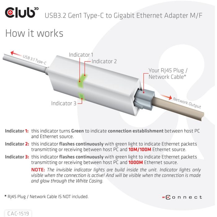 Club3D Adapter USB 3.2 Typ C > RJ45 Gigabit LAN St/Bu 5 Club3D Adapter USB 3.2 Typ C > RJ45 Gigabit LAN St/Bu 5