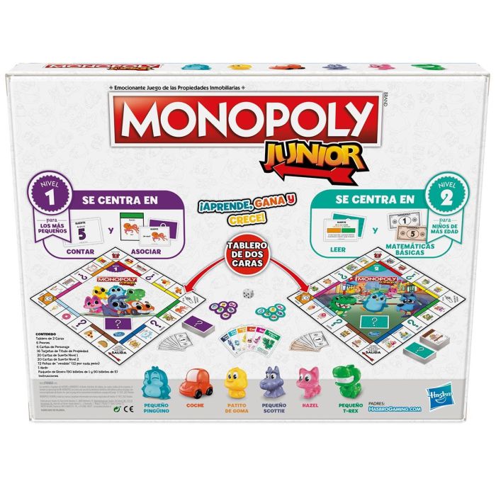 Hasbro Gaming F8562 Monopoly Junior 2 Juegos en 1 - Juego de Mesa Educativo Bilingüe con Tablero Reversible: Contar, Leer y Sumar para Niños +4 años 3