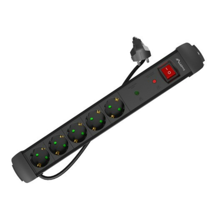 Lanberg SP1-05F-0500-BK Base Múltiple 5 Salidas AC Tipo F, Cable 5m, Uso Interior, Color Negro, con Supresor de Sobretensiones