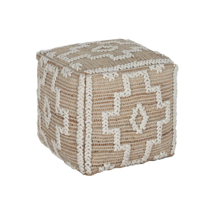 DKD Home Decor Reposapiés Boho Hecho a Mano de Yute, Lana, Algodón y Madera de Mango Natural y Blanco 45x45x45 cm