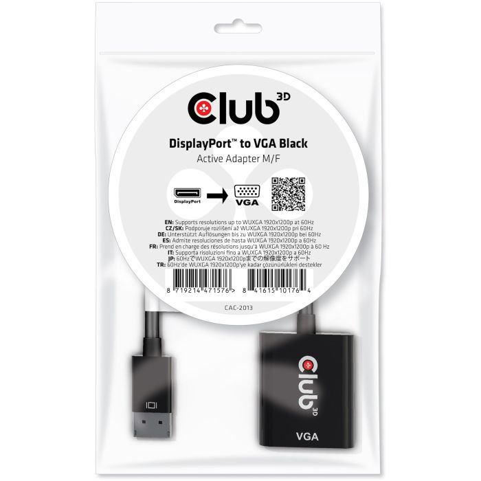 Club3D CAC-2013 Adaptador DisplayPort a VGA Activo Macho/Hembra Negro 0.228m Soporta 1920x1200