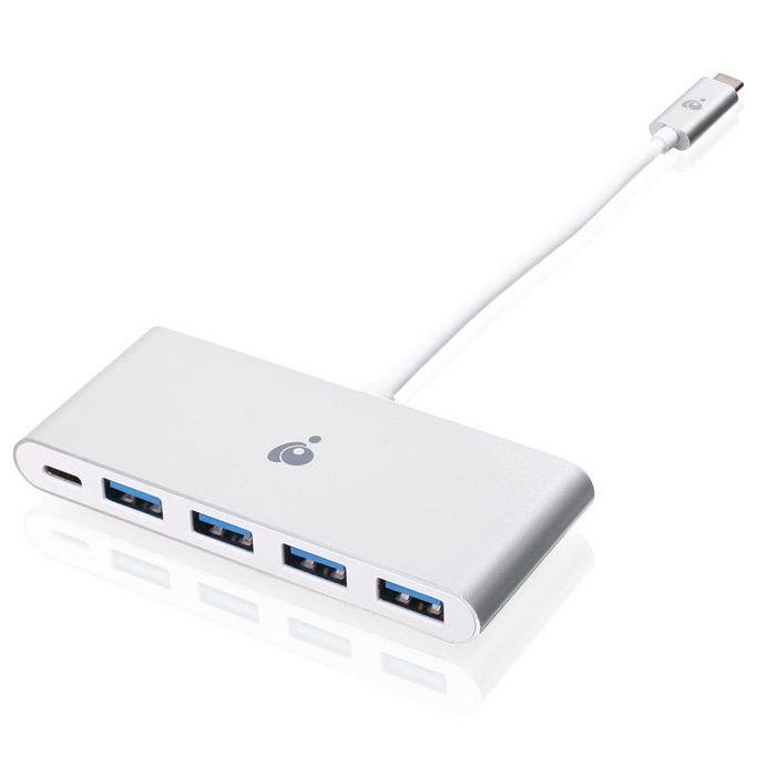 IOGEAR Hub USB-C a 4 Puertos USB-A 3.0, 5 Gbps, con Power Delivery Pass-Thru 60W y Carga Rápida 1.5A para Portátil/Smartphone, Blanco