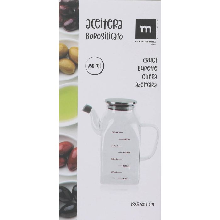 La Mediterranea Aceitera Cuadrada de Borosilicato con Tapa de Metal 750 ml (12 Unidades)