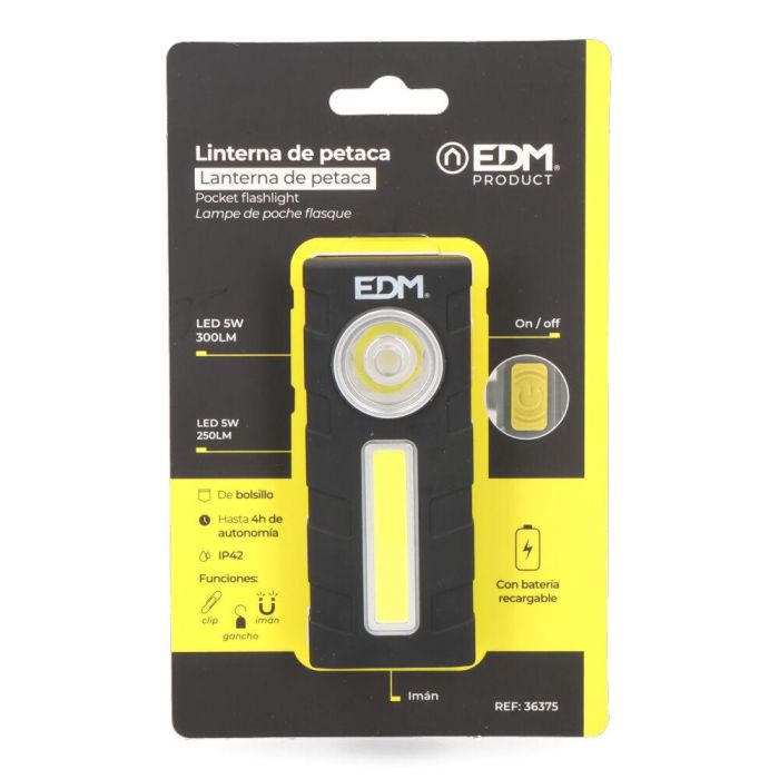 Edm Linterna Petaca LED de Bolsillo 250lm+300lm, Batería Recargable 1200mAh, IP42, con Iman, Gancho y Clip 4 Edm Linterna Petaca LED de Bolsillo 250lm+300lm, Batería Recargable 1200mAh, IP42, con Iman, Gancho y Clip 4