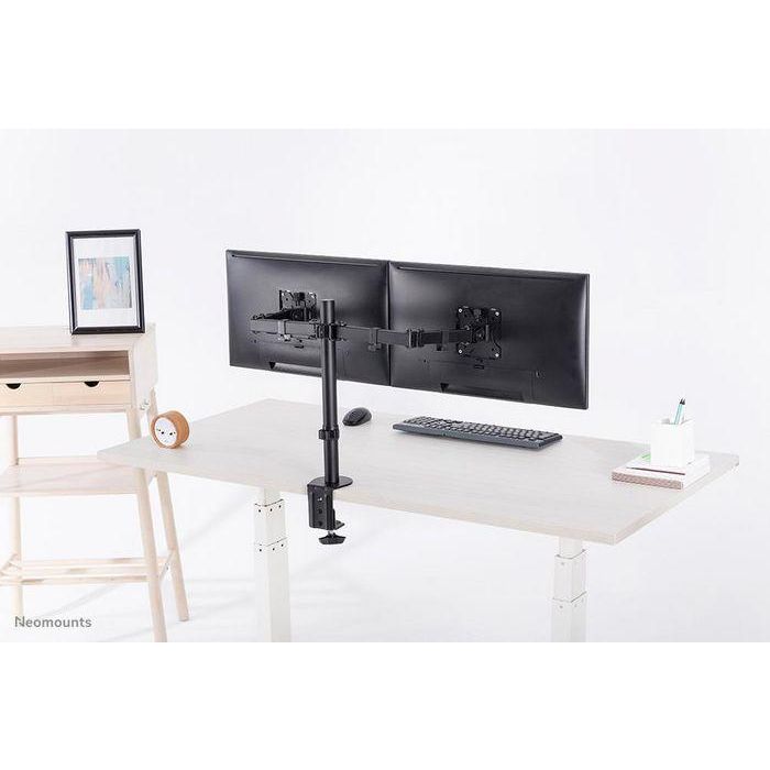 Neomounts Full Motion Dual Desk Mount (Clamp & Grommet) For Two 10-32" Monitor Screens, Height Adjustable - Black 16 Neomounts Full Motion Dual Desk Mount (Clamp & Grommet) For Two 10-32" Monitor Screens, Height Adjustable - Black 16