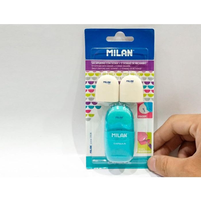 Sacapuntas Milan Capsule Plastico 1 Uso Con Goma + 2 Recambios De Goma En Blister 5