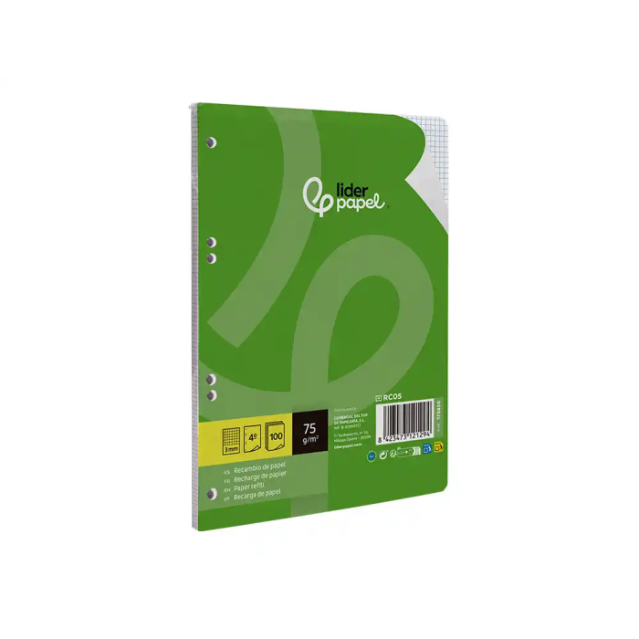 Liderpapel Recambio A5 100 Hojas 75gr Cuadro 3mm Con Margen 6 Taladros 3