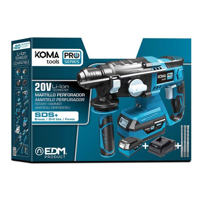 Koma Tools Martillo Perforador 20V SDS Plus, Kit con Maletín, Batería 4.0Ah y Cargador, Modelo 20v-mp-k, 3 Funciones (Taladro, Percutor), 1.8J, Luz LED, Incluye 3 Brocas 4