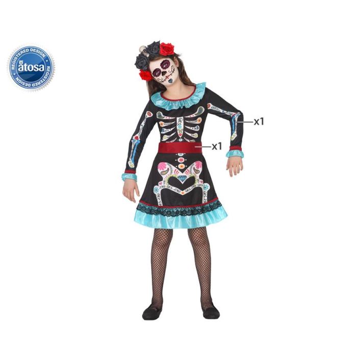 Disfraz Esqueleto Colorido para Niña 10-12 Años - Halloween, Inspirado en la Fiesta de los Muertos - Vestido Multicolor con Detalles Celestes Disfraz Esqueleto Colorido para Niña 10-12 Años - Halloween, Inspirado en la Fiesta de los Muertos - Vestido Multicolor con Detalles Celestes