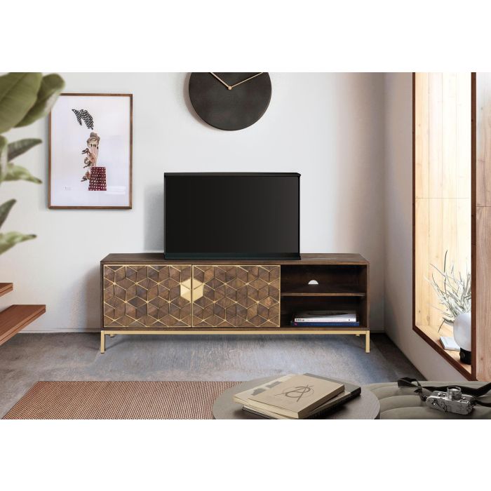 Giner y Colomer Mueble TV de Madera de Mango Nogal con Detalles Dorados 145 cm 7 Giner y Colomer Mueble TV de Madera de Mango Nogal con Detalles Dorados 145 cm 7