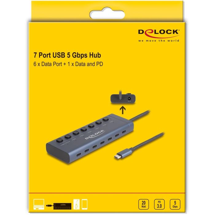 DELOCK USB 5 Gbps Hub mit 7 USB Type-C Ports mit Schalter davon 6 x Datenport + 1 x Daten / und PD 20 Watt 3