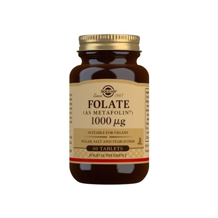 SOLGAR Folato Metafolin L-metilfolato 1000mcg DFE (1666mcg) 60 Comprimidos Veganos, Apoyo Corazón y Sistema Nervioso