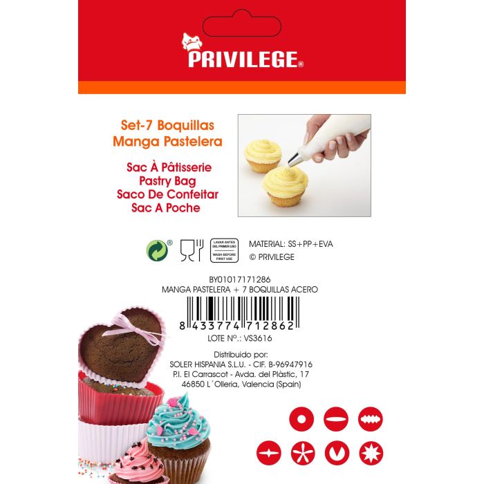 Privilege Manga Pastelera con 7 Boquillas - 20 cm (24 Unidades) 8 Privilege Manga Pastelera con 7 Boquillas - 20 cm (24 Unidades) 8