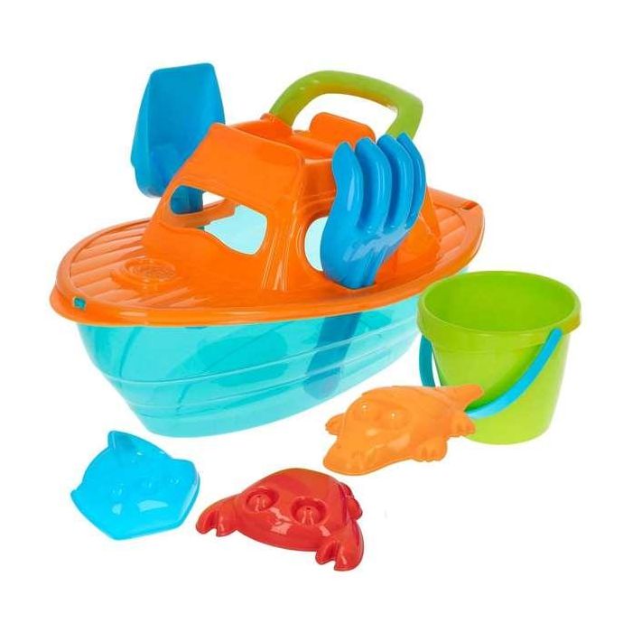 Cubo playa 14 cm con yate 36 cm, pala, rastrillo y 3 moldes en red Cubo playa 14 cm con yate 36 cm, pala, rastrillo y 3 moldes en red
