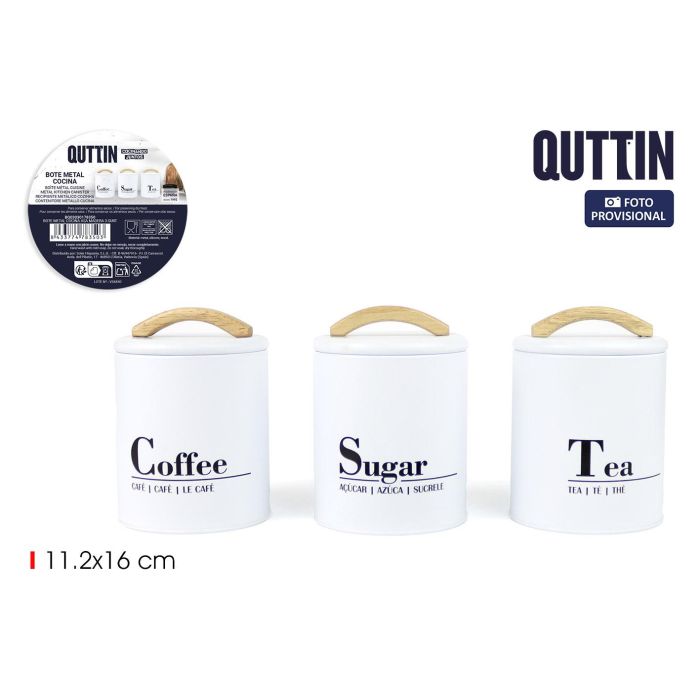 Quttin Bote de Metal para Cocina con Asa de Madera Surtido - 3 Modelos (12 Unidades)