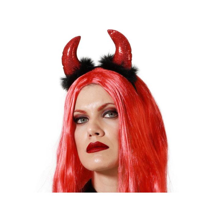 Diadema Con Cuernos Rojos Estrasados Y Flecos Negros Para Disfraces Halloween