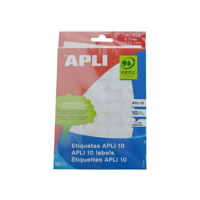 Apli Etiquetas Adhesivas Circulares Ø13 mm, Blanco, 770 Unidades, Escritura Manual