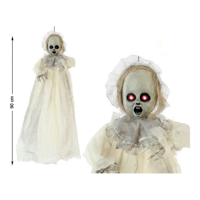 Colgante Niña Fantasma de 90 cm con Ojos Luminosos Azules - Decoración Halloween Espeluznante para Eventos y Escaparates
