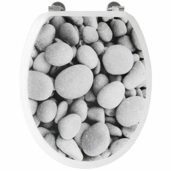 Gelco Asiento de Inodoro con Diseño de Guijarros de Playa Gris, MDF y Bisagras de Acero Inoxidable