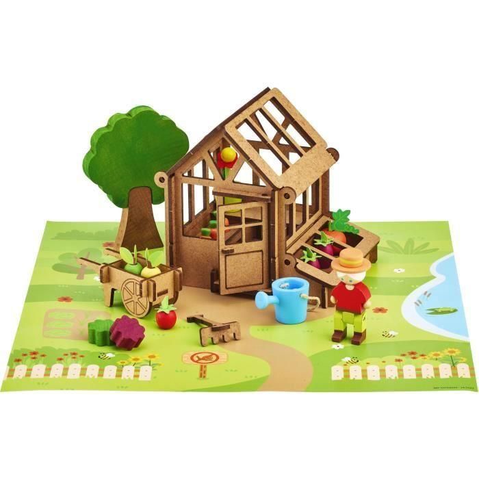 Jeujura JEU3225280809908 Juego de Construcción de Madera 'El Invernadero del Jardinero' 40 Piezas, con Tapete y Accesorios