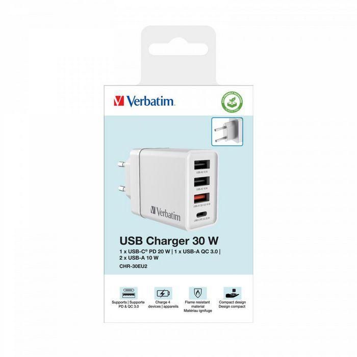 Verbatim Cargador de Pared Gan 30W con 1x USB-C PD y 3x USB-A QC 3.0/10W 8