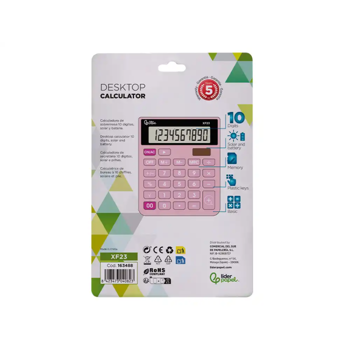 Liderpapel xf23 Calculadora de Sobremesa 10 Dígitos Solar y Pilas Color Rosa 127x105x24 mm 4