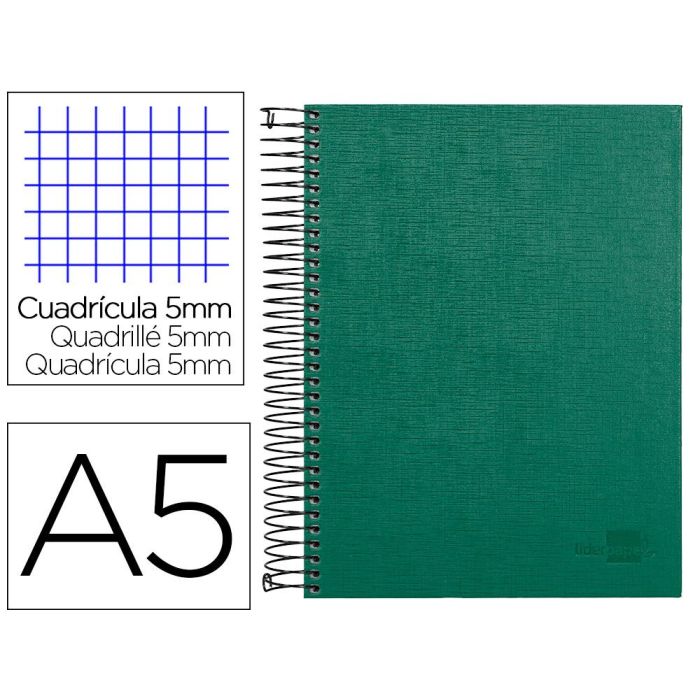 Cuaderno Espiral Liderpapel A5 Micro Papercoat Tapa Forrada 140H 75 gr Cuadro5 mm 5 Bandas 6 Taladros Verde